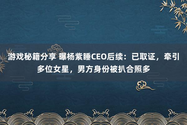 游戏秘籍分享 曝杨紫睡CEO后续：已取证，牵引多位女星，男方身份被扒合照多